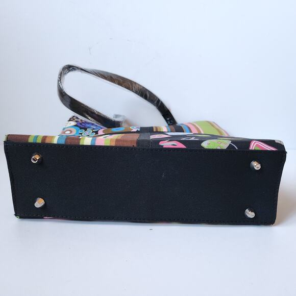 Black Tote Purse Shoulder Bag Handbag Stripes Circles Shoes 11" x 3" x 13" - Picture 6 of 7